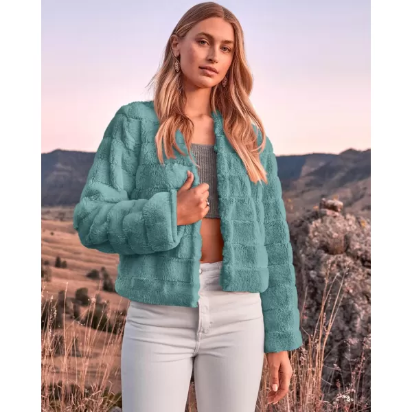 BTFBM Womens Faux Fur Cropped Jacket 2024 Fall Winter Fashion Soft Long Sleeve Open Front Fluffy Short Coat OuterwearSolid Blue Green
