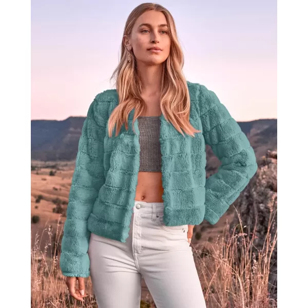 BTFBM Womens Faux Fur Cropped Jacket 2024 Fall Winter Fashion Soft Long Sleeve Open Front Fluffy Short Coat OuterwearSolid Blue Green