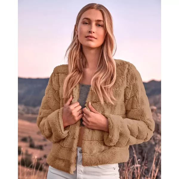 BTFBM Womens Faux Fur Cropped Jacket 2024 Fall Winter Fashion Soft Long Sleeve Open Front Fluffy Short Coat OuterwearSolid Brown
