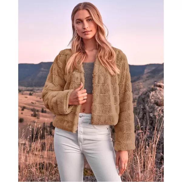 BTFBM Womens Faux Fur Cropped Jacket 2024 Fall Winter Fashion Soft Long Sleeve Open Front Fluffy Short Coat OuterwearSolid Brown