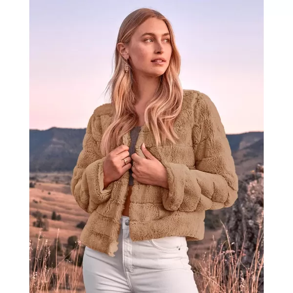 BTFBM Womens Faux Fur Cropped Jacket 2024 Fall Winter Fashion Soft Long Sleeve Open Front Fluffy Short Coat OuterwearSolid Brown