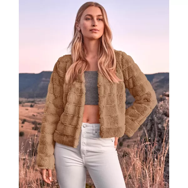 BTFBM Womens Faux Fur Cropped Jacket 2024 Fall Winter Fashion Soft Long Sleeve Open Front Fluffy Short Coat OuterwearSolid Brown