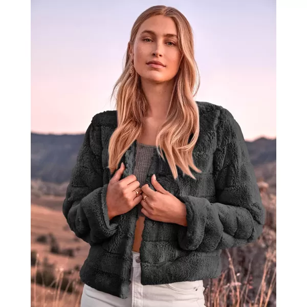 BTFBM Womens Faux Fur Cropped Jacket 2024 Fall Winter Fashion Soft Long Sleeve Open Front Fluffy Short Coat OuterwearSolid Dark Grey