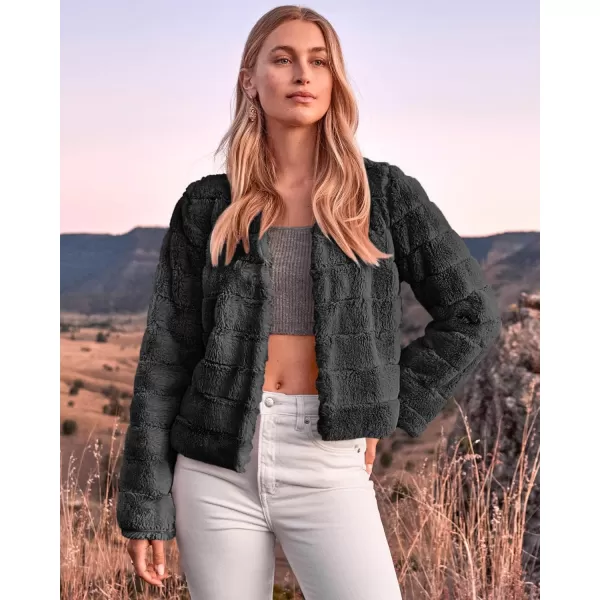 BTFBM Womens Faux Fur Cropped Jacket 2024 Fall Winter Fashion Soft Long Sleeve Open Front Fluffy Short Coat OuterwearSolid Dark Grey