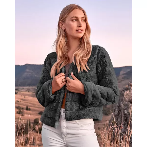 BTFBM Womens Faux Fur Cropped Jacket 2024 Fall Winter Fashion Soft Long Sleeve Open Front Fluffy Short Coat OuterwearSolid Dark Grey