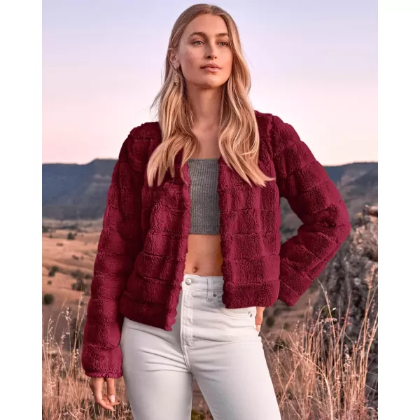 BTFBM Womens Faux Fur Cropped Jacket 2024 Fall Winter Fashion Soft Long Sleeve Open Front Fluffy Short Coat OuterwearSolid Dark Red