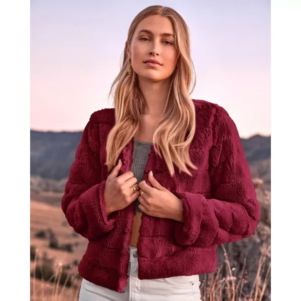 BTFBM Womens Faux Fur Cropped Jacket 2024 Fall Winter Fashion Soft Long Sleeve Open Front Fluffy Short Coat OuterwearSolid Dark Red