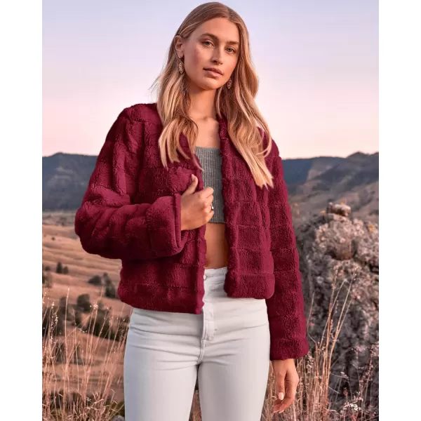 BTFBM Womens Faux Fur Cropped Jacket 2024 Fall Winter Fashion Soft Long Sleeve Open Front Fluffy Short Coat OuterwearSolid Dark Red
