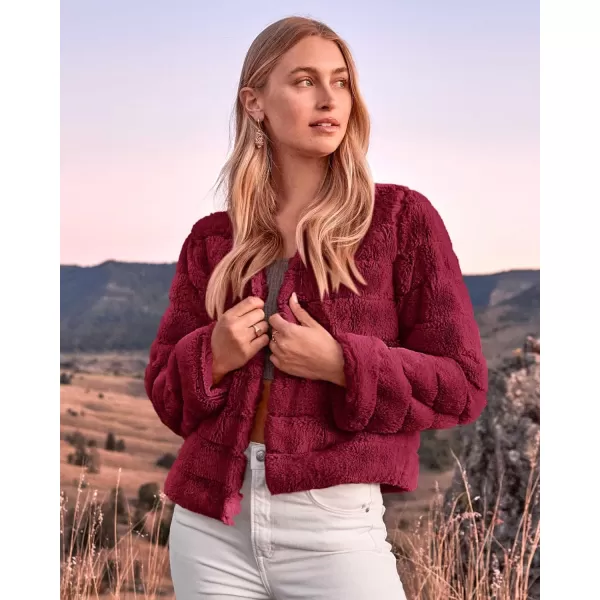 BTFBM Womens Faux Fur Cropped Jacket 2024 Fall Winter Fashion Soft Long Sleeve Open Front Fluffy Short Coat OuterwearSolid Dark Red