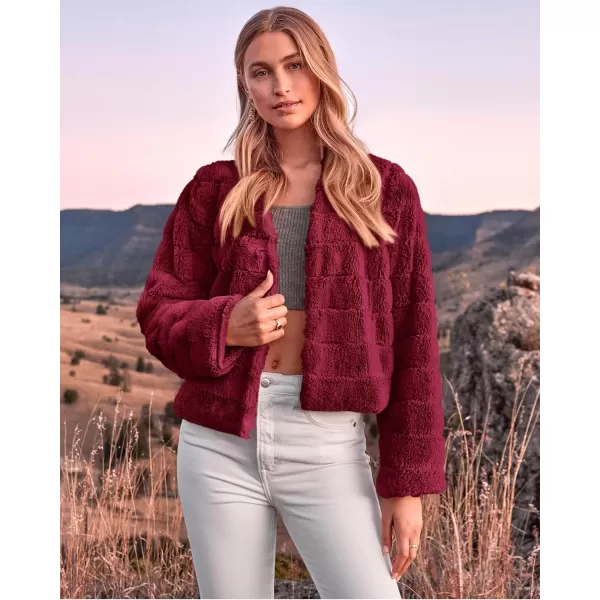 BTFBM Womens Faux Fur Cropped Jacket 2024 Fall Winter Fashion Soft Long Sleeve Open Front Fluffy Short Coat OuterwearSolid Dark Red