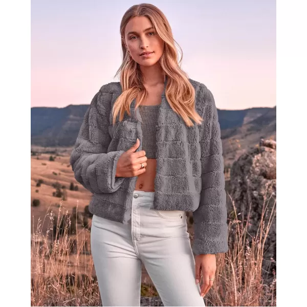 BTFBM Womens Faux Fur Cropped Jacket 2024 Fall Winter Fashion Soft Long Sleeve Open Front Fluffy Short Coat OuterwearSolid Light Grey