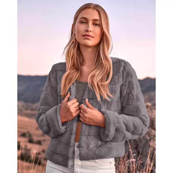BTFBM Womens Faux Fur Cropped Jacket 2024 Fall Winter Fashion Soft Long Sleeve Open Front Fluffy Short Coat OuterwearSolid Light Grey