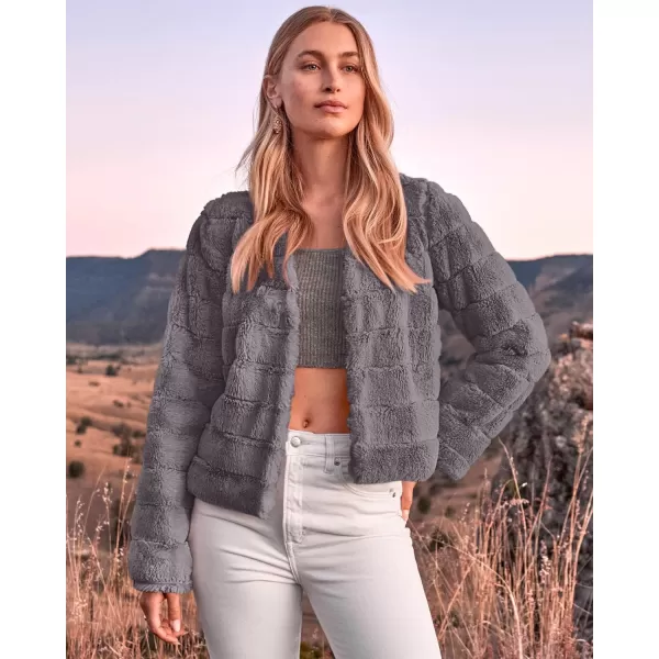 BTFBM Womens Faux Fur Cropped Jacket 2024 Fall Winter Fashion Soft Long Sleeve Open Front Fluffy Short Coat OuterwearSolid Light Grey