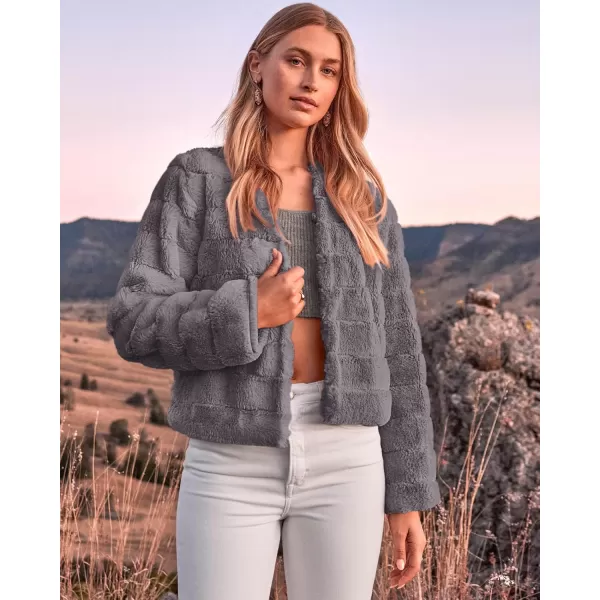 BTFBM Womens Faux Fur Cropped Jacket 2024 Fall Winter Fashion Soft Long Sleeve Open Front Fluffy Short Coat OuterwearSolid Light Grey