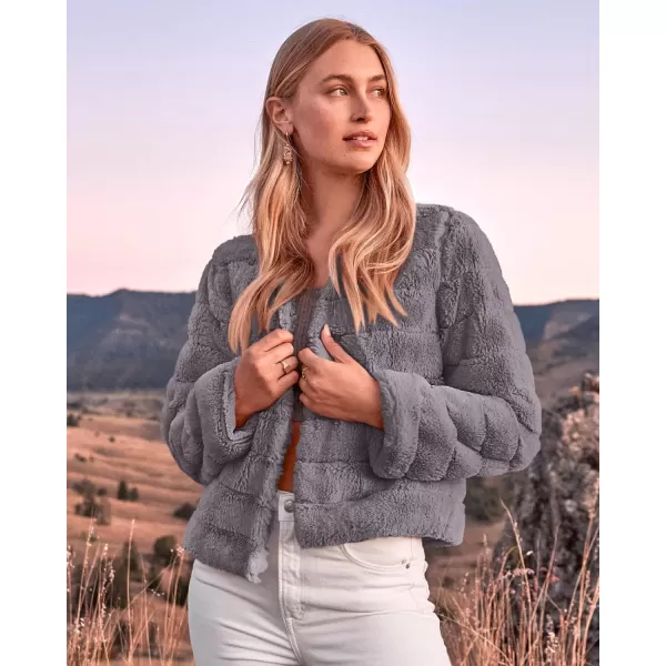 BTFBM Womens Faux Fur Cropped Jacket 2024 Fall Winter Fashion Soft Long Sleeve Open Front Fluffy Short Coat OuterwearSolid Light Grey