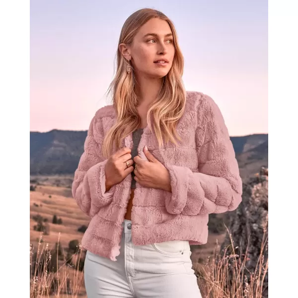 BTFBM Womens Faux Fur Cropped Jacket 2024 Fall Winter Fashion Soft Long Sleeve Open Front Fluffy Short Coat OuterwearSolid Pink