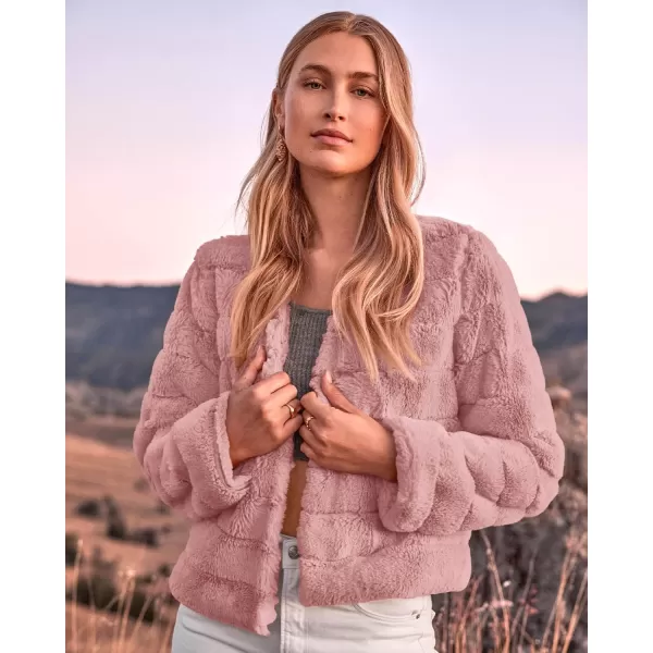 BTFBM Womens Faux Fur Cropped Jacket 2024 Fall Winter Fashion Soft Long Sleeve Open Front Fluffy Short Coat OuterwearSolid Pink