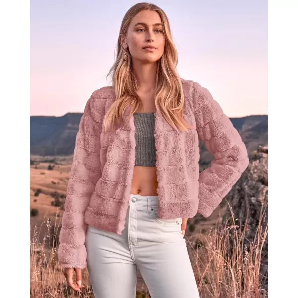 BTFBM Womens Faux Fur Cropped Jacket 2024 Fall Winter Fashion Soft Long Sleeve Open Front Fluffy Short Coat OuterwearSolid Pink