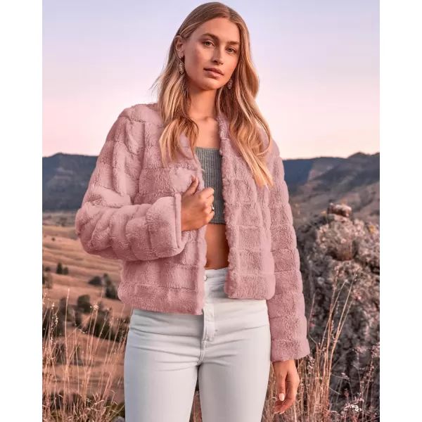 BTFBM Womens Faux Fur Cropped Jacket 2024 Fall Winter Fashion Soft Long Sleeve Open Front Fluffy Short Coat OuterwearSolid Pink