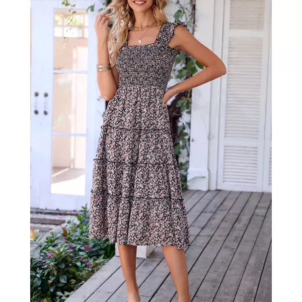 BTFBM Womens Summer Boho Smocked Beach Dresses Sleeveless Shoulder Strap Floral Flowy Tiered Party Midi Casual SundressFloral Black