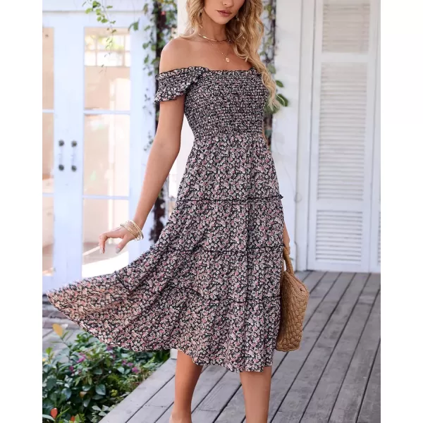 BTFBM Womens Summer Boho Smocked Beach Dresses Sleeveless Shoulder Strap Floral Flowy Tiered Party Midi Casual SundressFloral Black