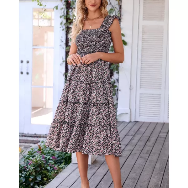 BTFBM Womens Summer Boho Smocked Beach Dresses Sleeveless Shoulder Strap Floral Flowy Tiered Party Midi Casual SundressFloral Black