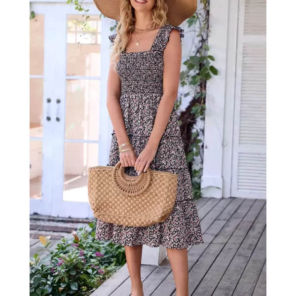 BTFBM Womens Summer Boho Smocked Beach Dresses Sleeveless Shoulder Strap Floral Flowy Tiered Party Midi Casual SundressFloral Black