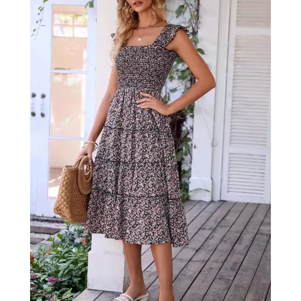 BTFBM Womens Summer Boho Smocked Beach Dresses Sleeveless Shoulder Strap Floral Flowy Tiered Party Midi Casual SundressFloral Black
