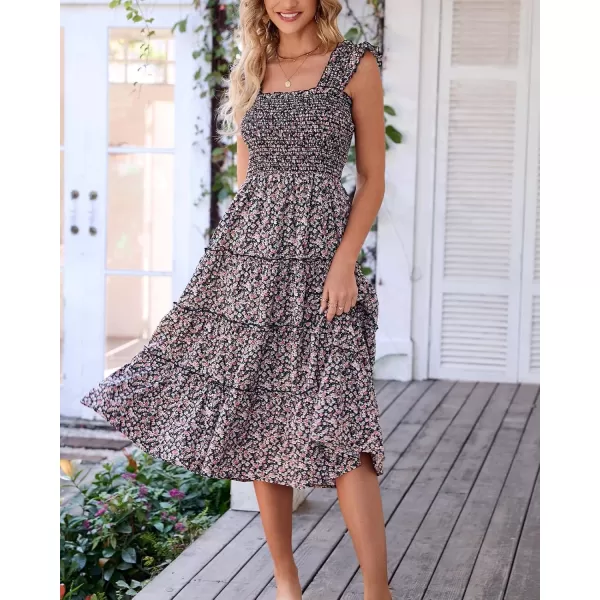 BTFBM Womens Summer Boho Smocked Beach Dresses Sleeveless Shoulder Strap Floral Flowy Tiered Party Midi Casual SundressFloral Black