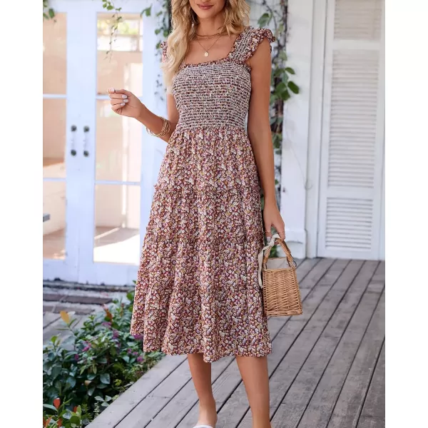 BTFBM Womens Summer Boho Smocked Beach Dresses Sleeveless Shoulder Strap Floral Flowy Tiered Party Midi Casual SundressFloral Brown