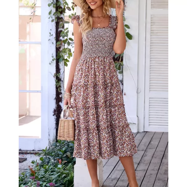 BTFBM Womens Summer Boho Smocked Beach Dresses Sleeveless Shoulder Strap Floral Flowy Tiered Party Midi Casual SundressFloral Brown