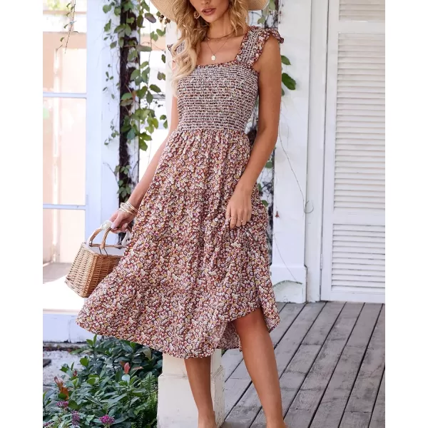 BTFBM Womens Summer Boho Smocked Beach Dresses Sleeveless Shoulder Strap Floral Flowy Tiered Party Midi Casual SundressFloral Brown
