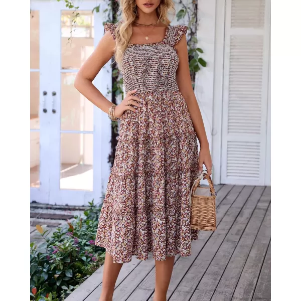 BTFBM Womens Summer Boho Smocked Beach Dresses Sleeveless Shoulder Strap Floral Flowy Tiered Party Midi Casual SundressFloral Brown