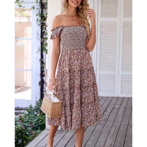 BTFBM Womens Summer Boho Smocked Beach Dresses Sleeveless Shoulder Strap Floral Flowy Tiered Party Midi Casual SundressFloral Brown