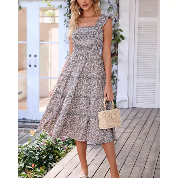 BTFBM Womens Summer Boho Smocked Beach Dresses Sleeveless Shoulder Strap Floral Flowy Tiered Party Midi Casual SundressFloral Green