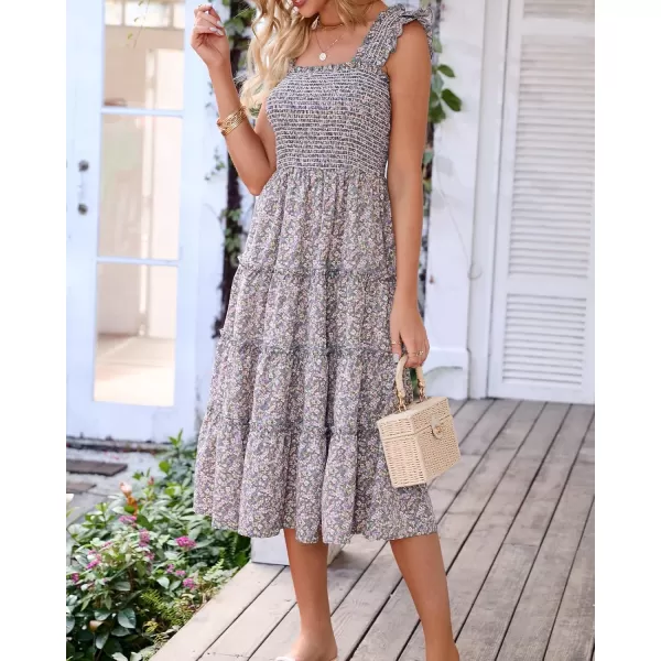 BTFBM Womens Summer Boho Smocked Beach Dresses Sleeveless Shoulder Strap Floral Flowy Tiered Party Midi Casual SundressFloral Green