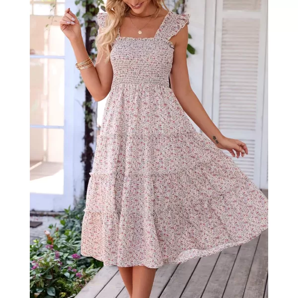BTFBM Womens Summer Boho Smocked Beach Dresses Sleeveless Shoulder Strap Floral Flowy Tiered Party Midi Casual SundressFloral White
