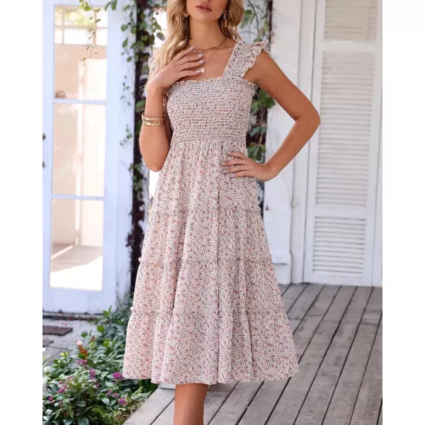BTFBM Womens Summer Boho Smocked Beach Dresses Sleeveless Shoulder Strap Floral Flowy Tiered Party Midi Casual SundressFloral White