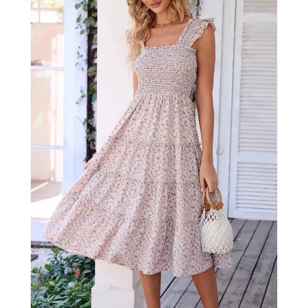 BTFBM Womens Summer Boho Smocked Beach Dresses Sleeveless Shoulder Strap Floral Flowy Tiered Party Midi Casual SundressFloral White