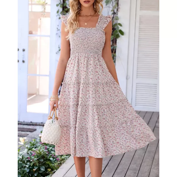 BTFBM Womens Summer Boho Smocked Beach Dresses Sleeveless Shoulder Strap Floral Flowy Tiered Party Midi Casual SundressFloral White