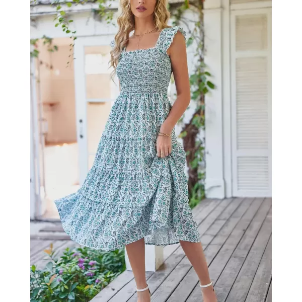 BTFBM Womens Summer Boho Smocked Beach Dresses Sleeveless Shoulder Strap Floral Flowy Tiered Party Midi Casual SundressPrint Dark Green