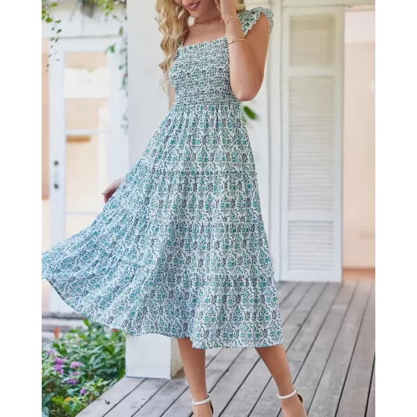 BTFBM Womens Summer Boho Smocked Beach Dresses Sleeveless Shoulder Strap Floral Flowy Tiered Party Midi Casual SundressPrint Dark Green