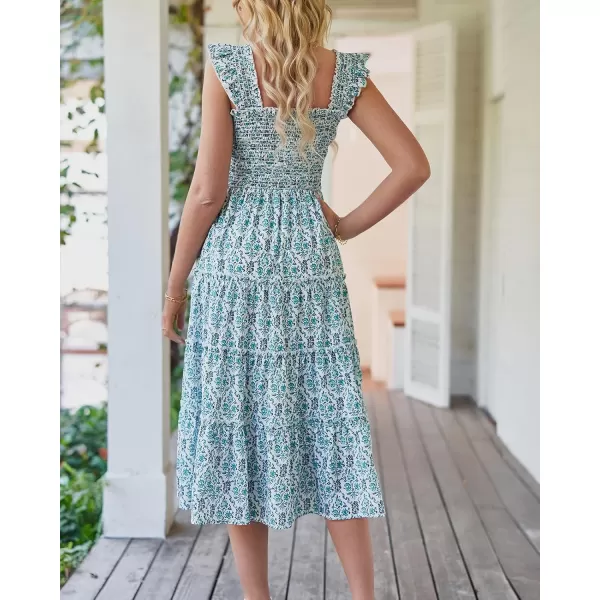 BTFBM Womens Summer Boho Smocked Beach Dresses Sleeveless Shoulder Strap Floral Flowy Tiered Party Midi Casual SundressPrint Dark Green