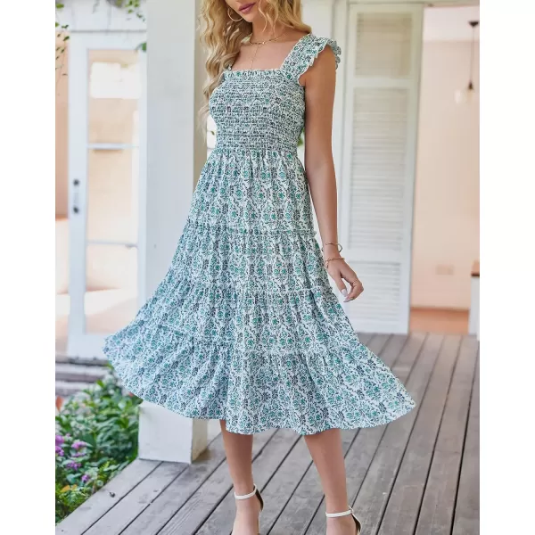 BTFBM Womens Summer Boho Smocked Beach Dresses Sleeveless Shoulder Strap Floral Flowy Tiered Party Midi Casual SundressPrint Dark Green