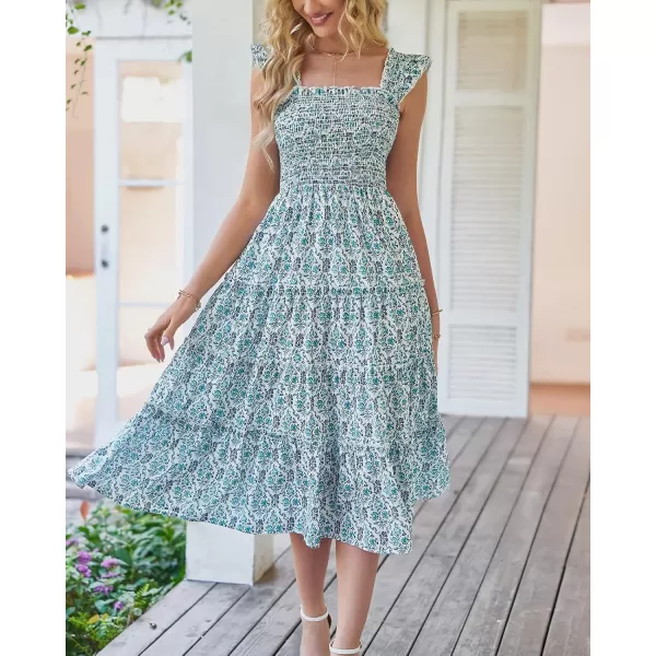 BTFBM Womens Summer Boho Smocked Beach Dresses Sleeveless Shoulder Strap Floral Flowy Tiered Party Midi Casual SundressPrint Dark Green