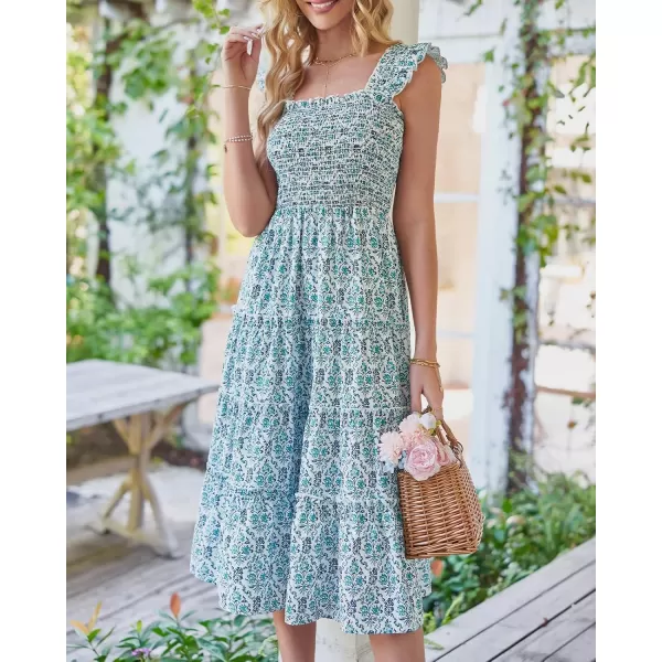 BTFBM Womens Summer Boho Smocked Beach Dresses Sleeveless Shoulder Strap Floral Flowy Tiered Party Midi Casual SundressPrint Dark Green