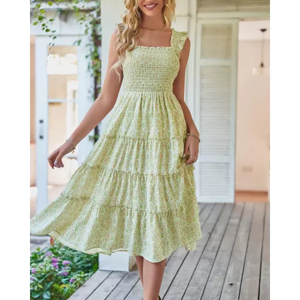 BTFBM Womens Summer Boho Smocked Beach Dresses Sleeveless Shoulder Strap Floral Flowy Tiered Party Midi Casual SundressPrint Grass Green