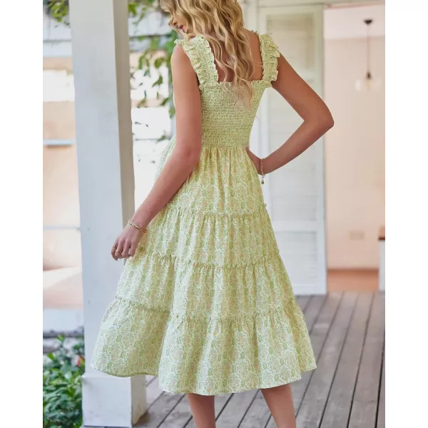 BTFBM Womens Summer Boho Smocked Beach Dresses Sleeveless Shoulder Strap Floral Flowy Tiered Party Midi Casual SundressPrint Grass Green