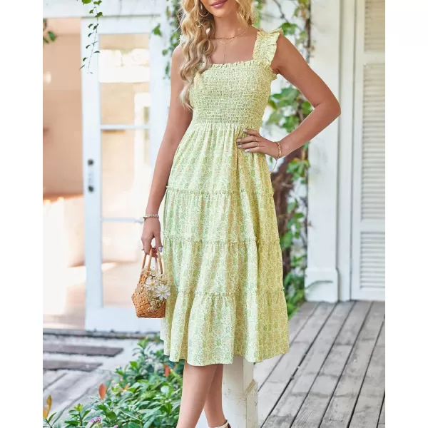 BTFBM Womens Summer Boho Smocked Beach Dresses Sleeveless Shoulder Strap Floral Flowy Tiered Party Midi Casual SundressPrint Grass Green