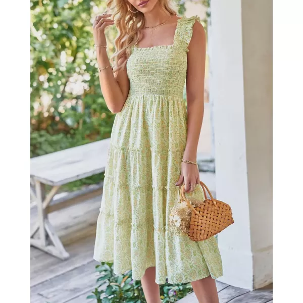 BTFBM Womens Summer Boho Smocked Beach Dresses Sleeveless Shoulder Strap Floral Flowy Tiered Party Midi Casual SundressPrint Grass Green